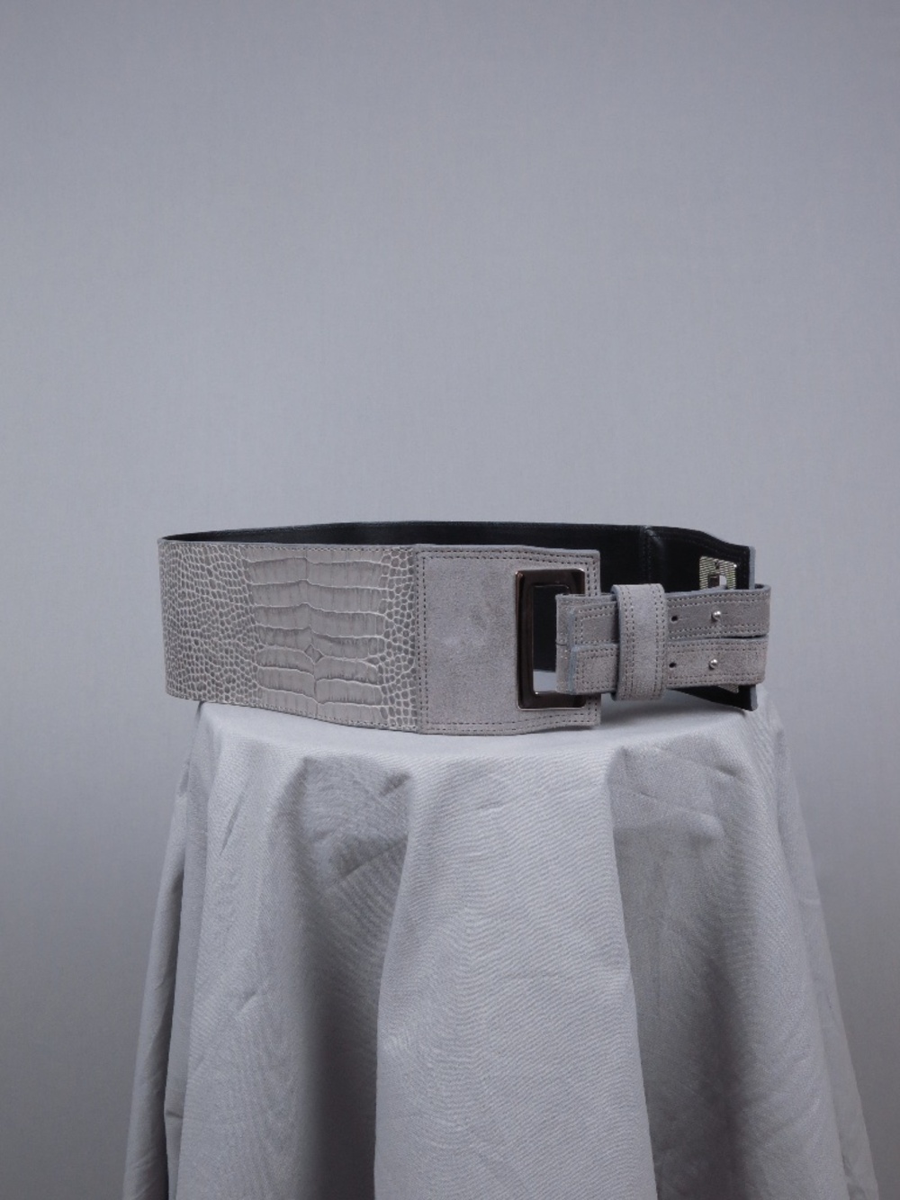 MaxMara Wide Waist Belt in Grey Leather with Embossed Croc and Suede Details